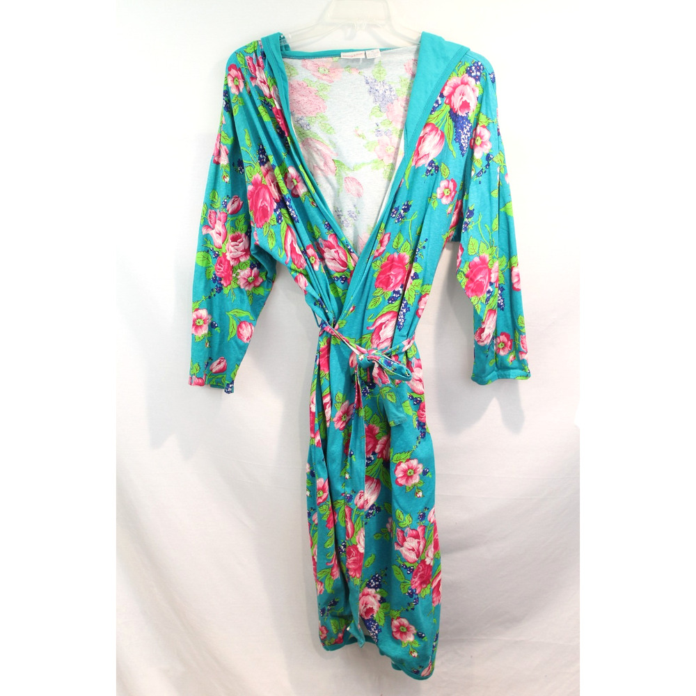 Body Drama Vintage Robe Hooded Cotton Womens size M Blue Floral Belted Maxi